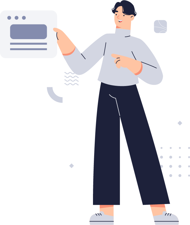 A vector illustration of a person standing straight and holding what might be a sheet of paper with a large rectangle, perhaps a placeholder image, with two smaller rectangle lines below, as if a placeholder text.